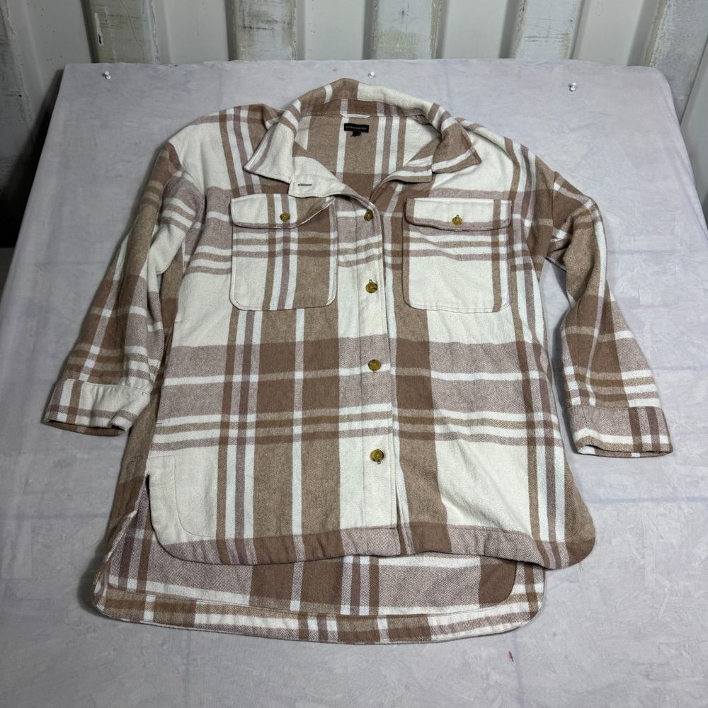 Banana Republic Womens Shirt Jacket Brown White Plaid Flannel Button Front L